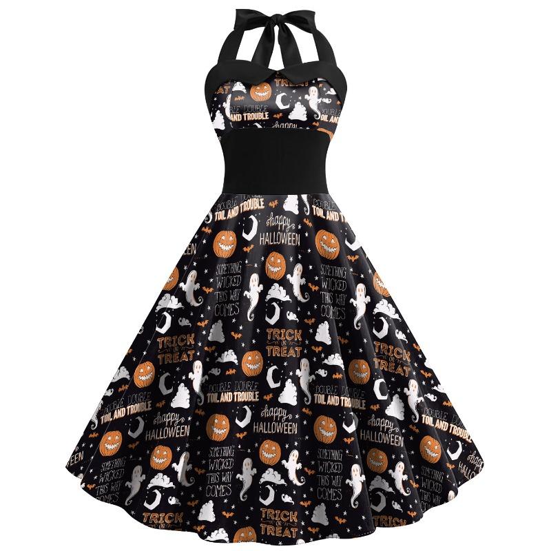 Summer New Halloween Dress Skull Cobweb Printing Costume Women's Strap High Waist Dress Children