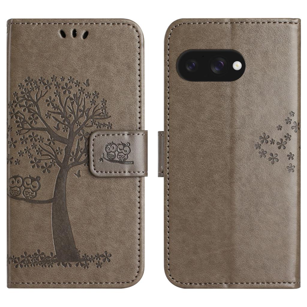 For Google Pixel 9a Case PU Leather Owl Tree Imprinted Wallet Phone Cover