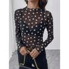 Women Semi Sheer Mesh Polka Dot Long Sleeve Mock Neck Top Lightweight Stretchy Fitted T Shirt Blouse for Layering