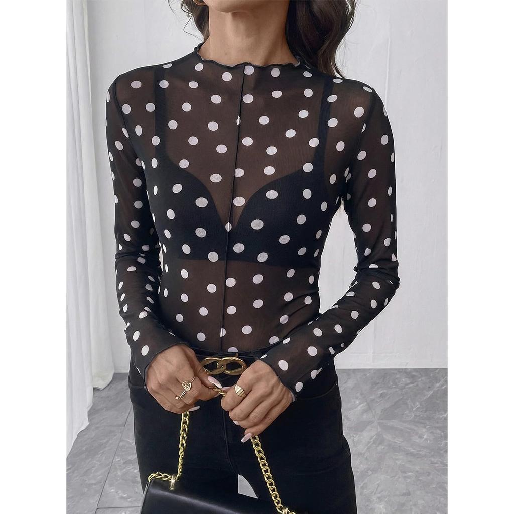 Women Semi Sheer Mesh Polka Dot Long Sleeve Mock Neck Top Lightweight Stretchy Fitted T Shirt Blouse for Layering