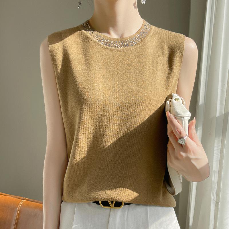 Crew Neck Knitted Vest Women's Summer Fashion Versatile Sleeveless Suspender High-end Top