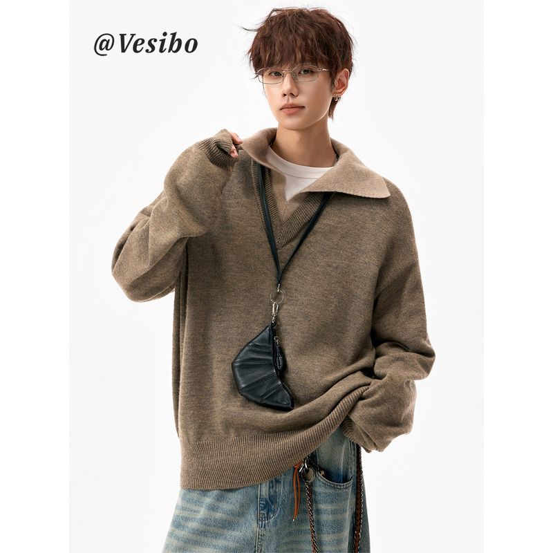 Retro Vintage Style V-Neck Patchwork Sweater for Men, Winter Casual Two-Piece Knitwear for Couples, Soft and Loose Base Shirt