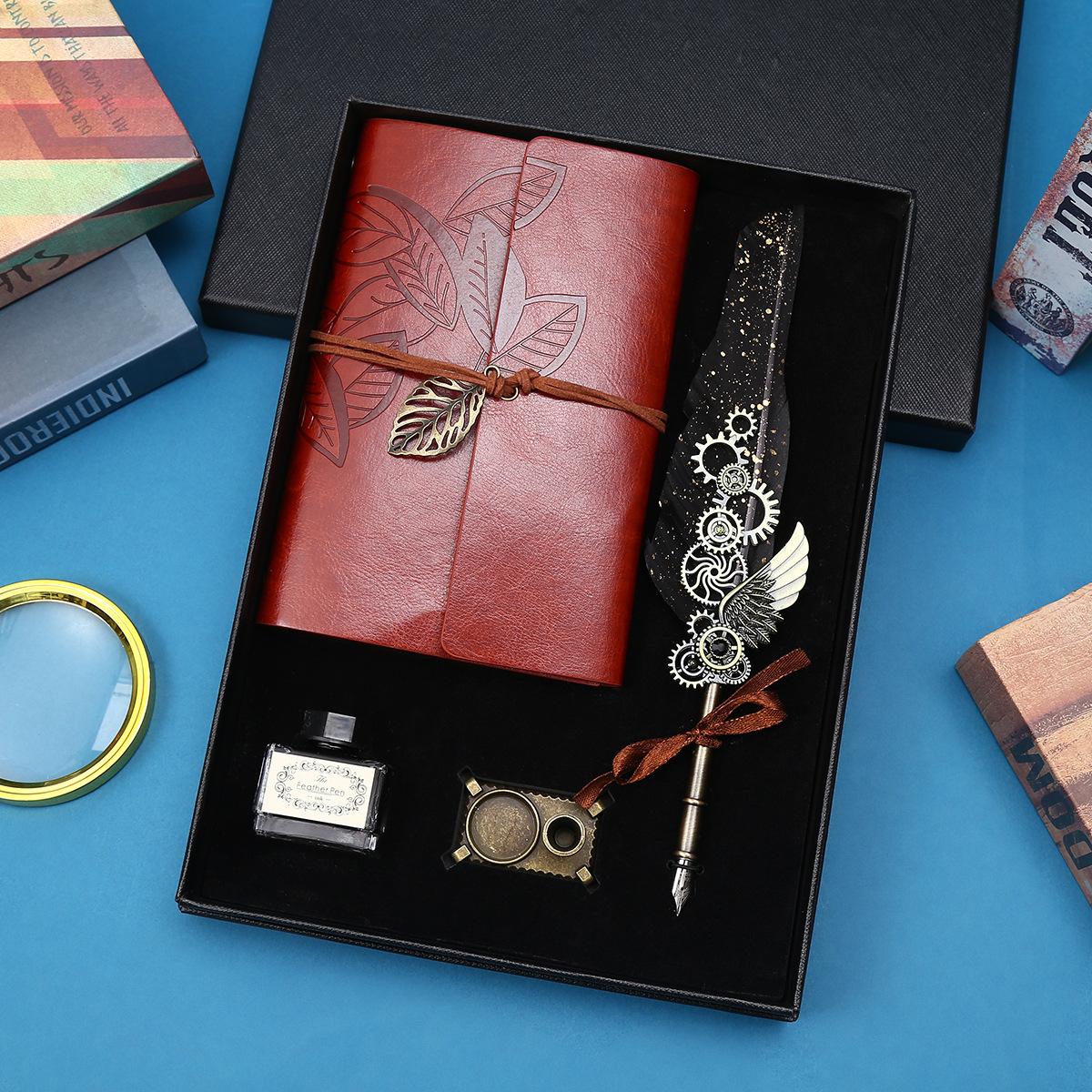 

Ретро Набор подарочной коробки для блокнота Креативный литературный и художественный блокнот Книга для путешествий Ручка для письма, окунаемая в воду Подарочная коробка Креативный подарок 0.5mm