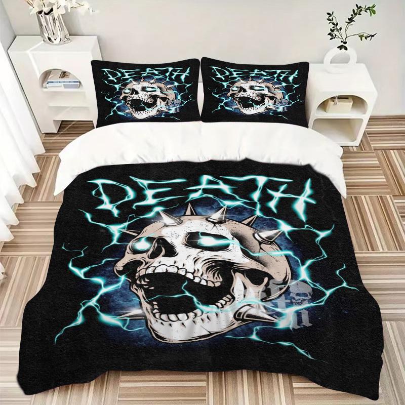 3pcs Death Metal Skull with Electric Lightning - Anime Cartoon Design Bedding Set, Includes One Quilt Cover and Two Pillowcases (No Core), P