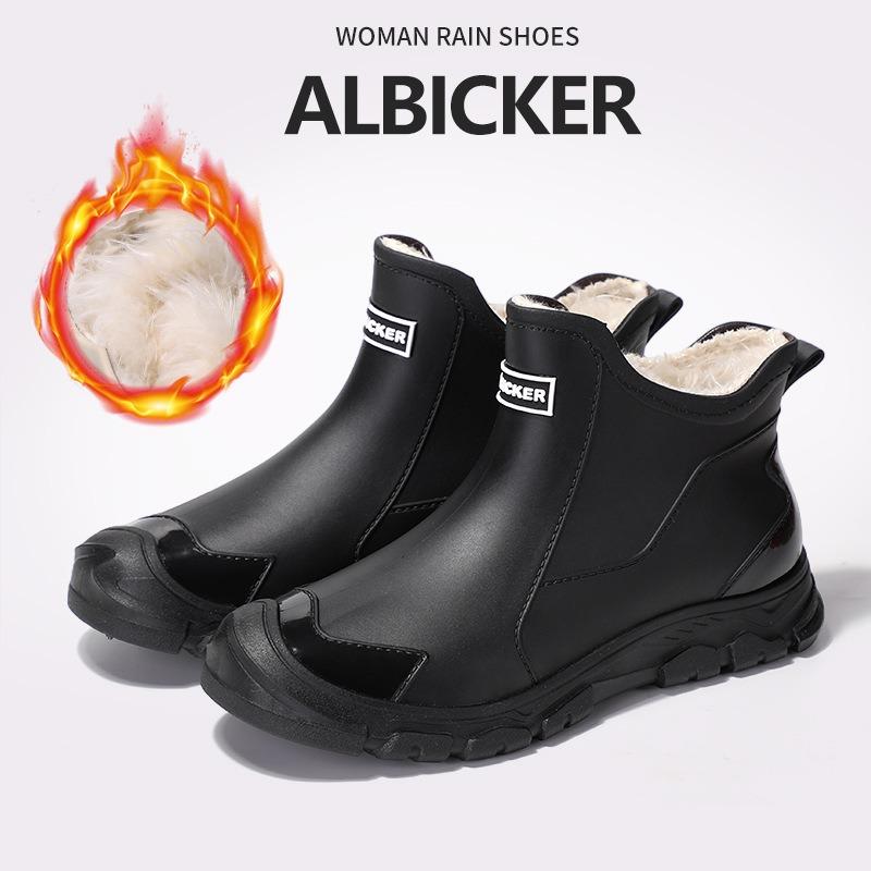 Winter fashion men's warm rain shoes men's short rain boots outdoor wading shoes fleece non-slip fixed fleece rubber shoes men
