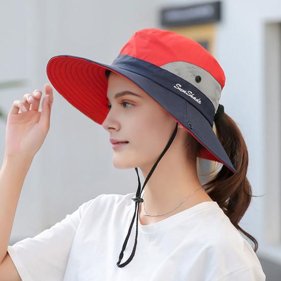 Women Summer Sun Hat Hollow Mesh Windproof Strap Wide Brim Anti-UV Sun Protection Foldable Portable Gardening Fishing Travel Cap Outdoor Fisherman Hat