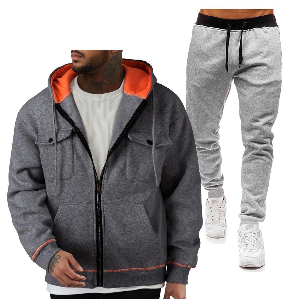 Men's 220g Pullover Hoodie Sweatshirt with Double Pockets and Zip-Up Cardigan Sports Casual Set