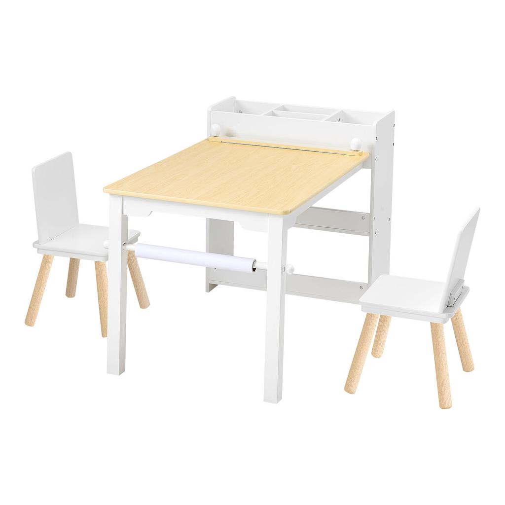 VEVOR Set Tavolo e Sedia per Bambini, Tavolo per Lavoretti per Bambini Piccoli con Mobiletto a 3 Ripiani, Scrivania Gioco Attività in Legno per Bambini con 2 Sedie