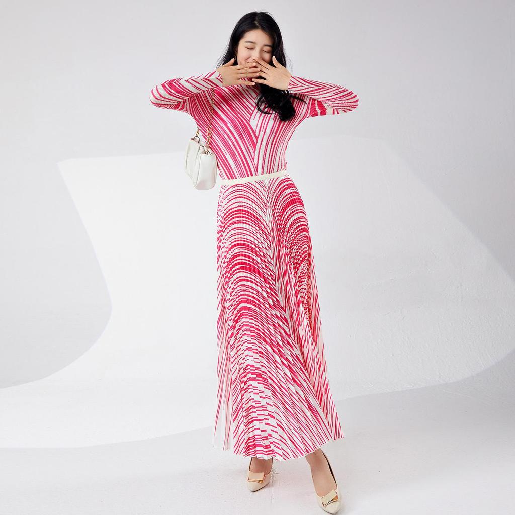 Pleated Skirt & Striped Long-Sleeve Top Two-Piece Set for Women - Spring Collection