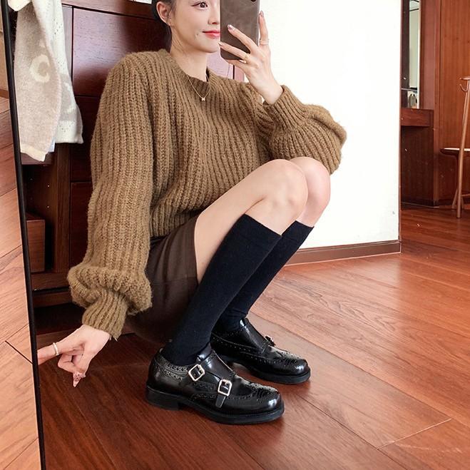 Whole cowhide~ super soft lambskin one-pedal loafers women's spring engraved leather platform small leather shoes lazy single shoes