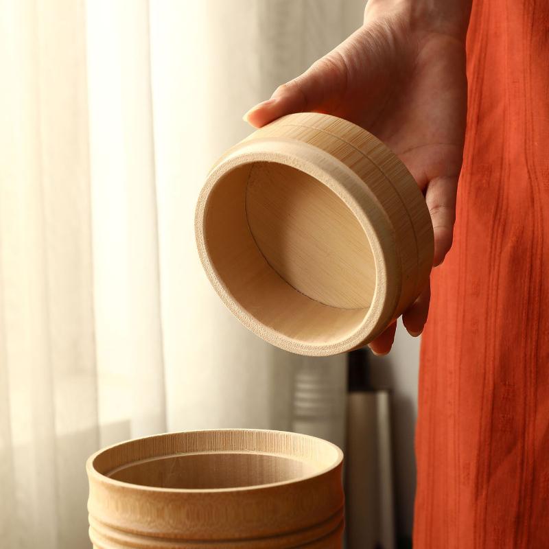 Handmade Bamboo Tea Storage Box Chinese Carved Tea Canister Lid Seal Kitchen Storage Jars Spice Coffee Beans Box Case Organizer