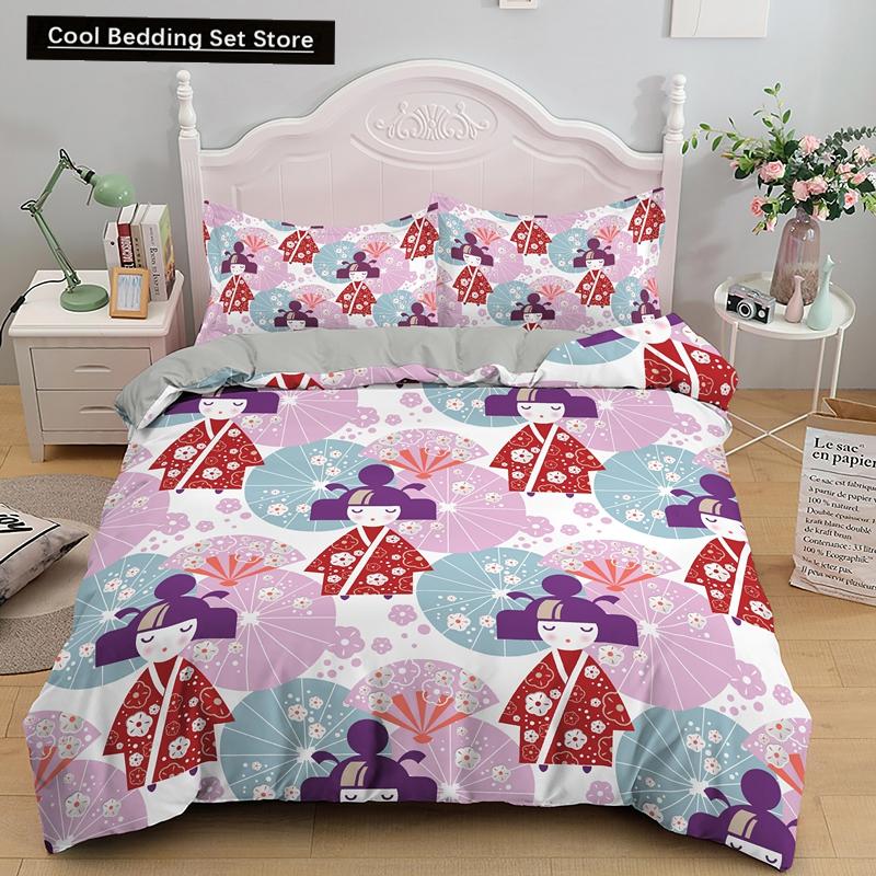 Bettbezug mit japanischer Puppe, bedruckt, King-Queen-Bett, Cartoon-Glückskatze, Bettwäscheset für Kinder und Mädchen, Fan, weiß, 2/3-teilig, Polyester-Bettbezug
