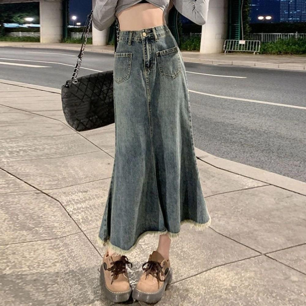 Retro Denim Skirt Women Solid Color Hairy Fishtail Skirt Simple High Waist Long Skirt  Daily