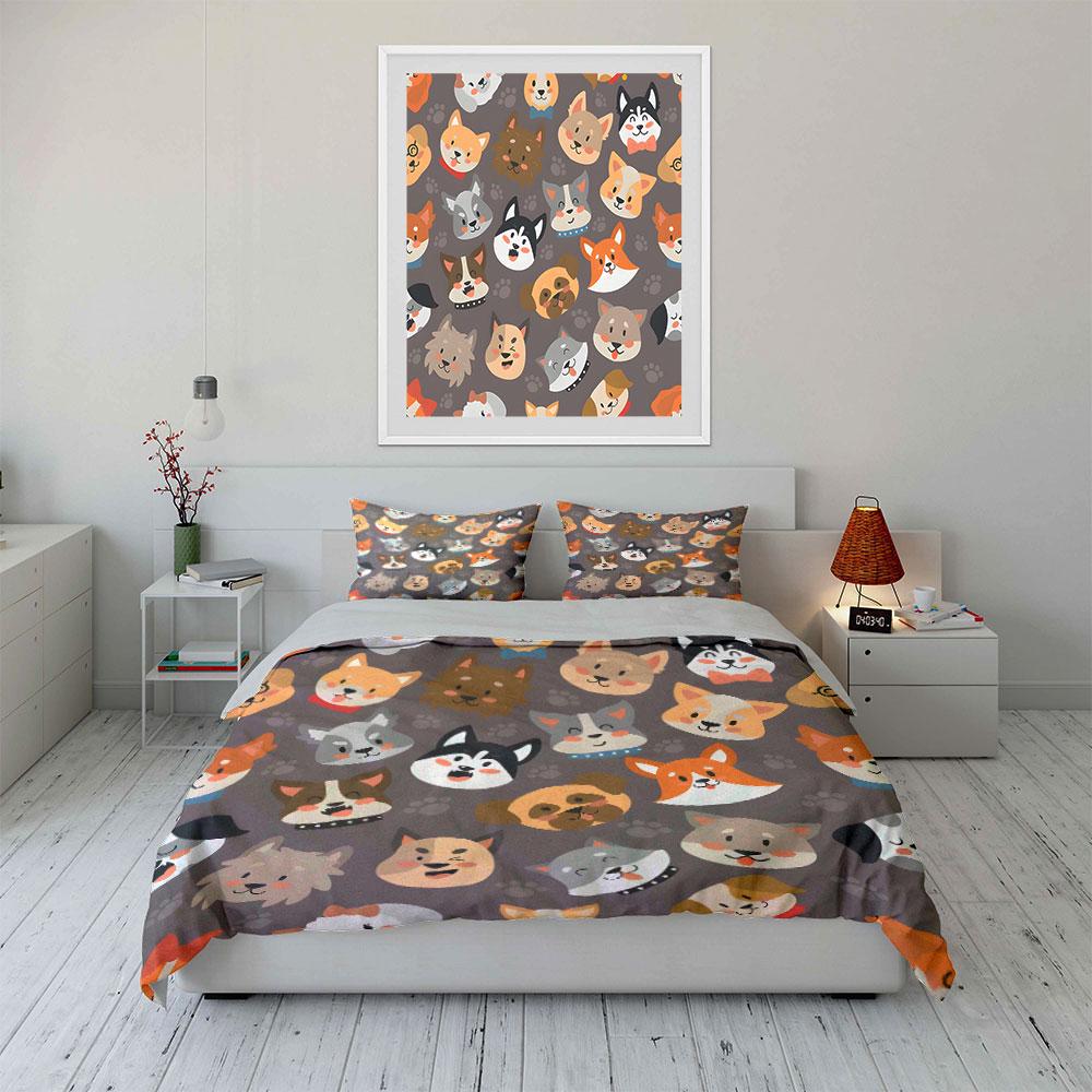 Cute Cartoon Dog Faces Pattern Bedding Duvet Cover Set (1*Duvet Cover 2*Pillowcases, without duvet insert)