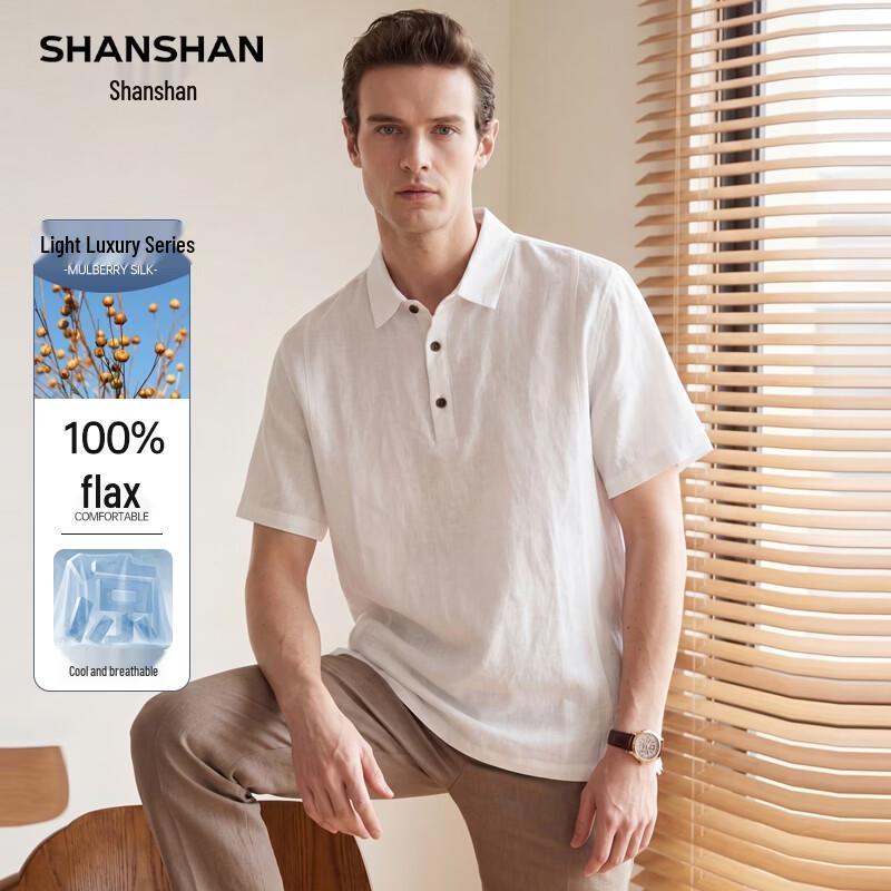 SHANSHAN Men's 100% Linen Casual Short Sleeve Polo Shirt