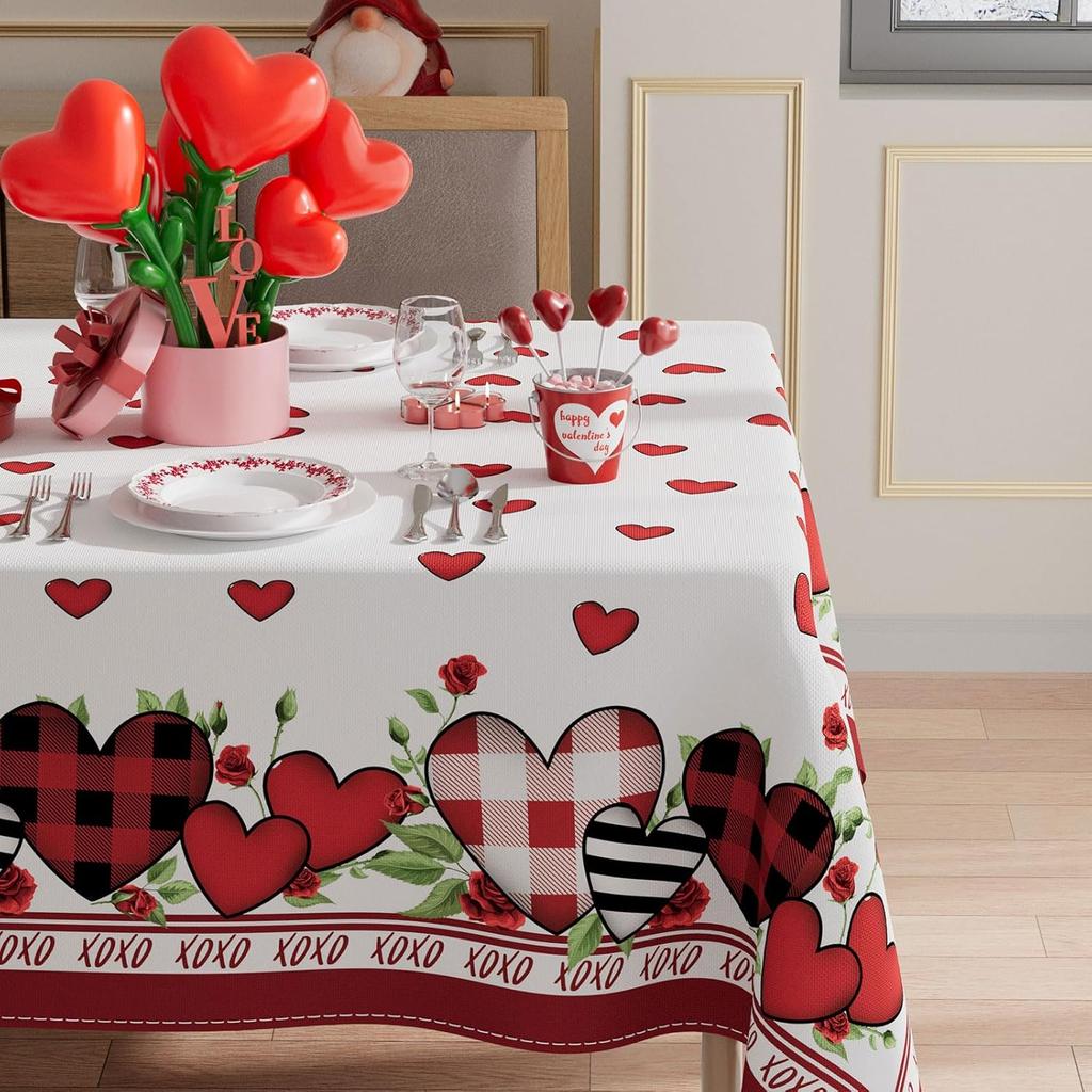 XCHI Plaid Love Hearts Valentine’s Day Tablecloth Rectangle Table Cloth Washable Table Covers for Indoor Outdoor Dining Home Party Decorations