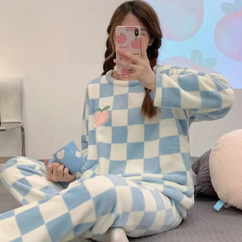 Warm Sleepwear for Winterthickened Plus Size Coral Velvet Pajamas Women Warm Long Sleeve Solid Color Plaid Trousers Home Suit