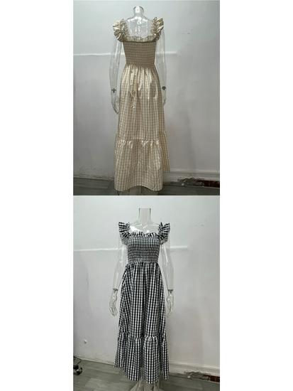 European American Women's Retro Plaid Sleeveless Maxi Dress with Thin Straps & Ruffles