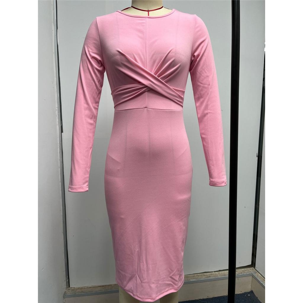 Damen Langarm Rundhals Französisch Retro Slim Langes Kleid