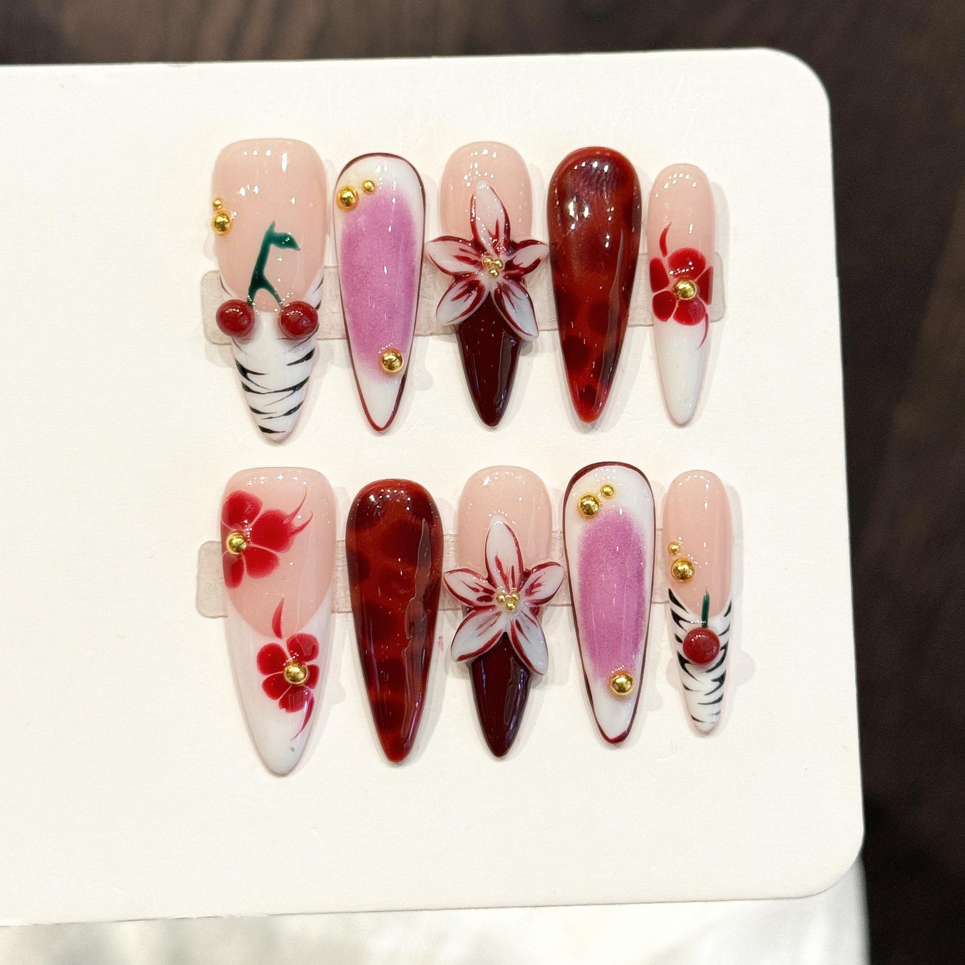 Cherry Gradient Floral Nail Stickers Handmade Press-On Nails Medium Length 10 Pcs Elegant White Manicure Tips 0.1kg&xs красный
