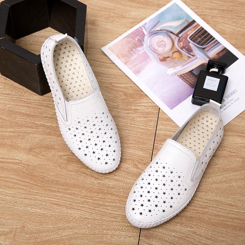 Genuine Leather Women Soft Sole Walking Shoes Girl Student Jooging Sneaker White Black Flats Female Casual Skate Trainers Summer