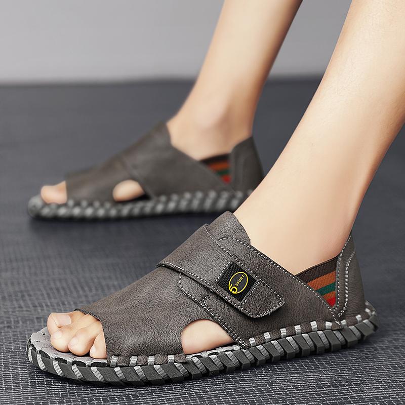 Fashion Hand Sewn Summer Men Sandals Genuine Leather Mens Casual Shoes Outdoor Leather Sandals for Men Beach Roman Mens Shoes