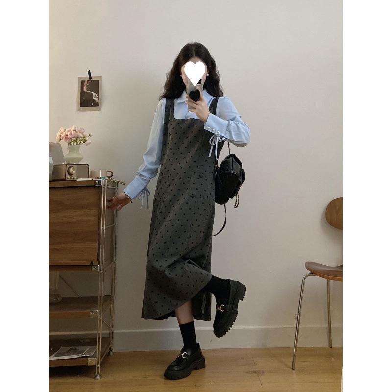 Micro Large Size Splicing College Shirt Dress Autumn Two-piece Temperament Polka Dot Skinny Vest Skirt