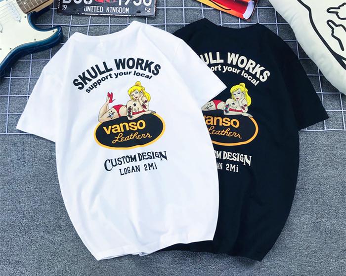 Japanese American Retro Cartoon Monroe Tattoo Printed Locomotive Kaji Pure Cotton Large Size Short-sleeved T-shirt for Men Women