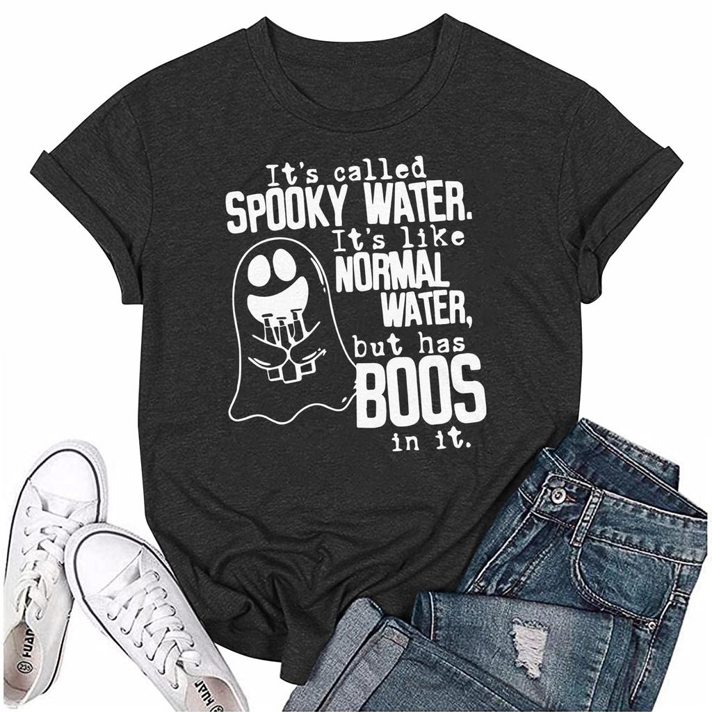 Women's Halloween Ghost Print Short Sleeve Loose Round Neck Pullover Top