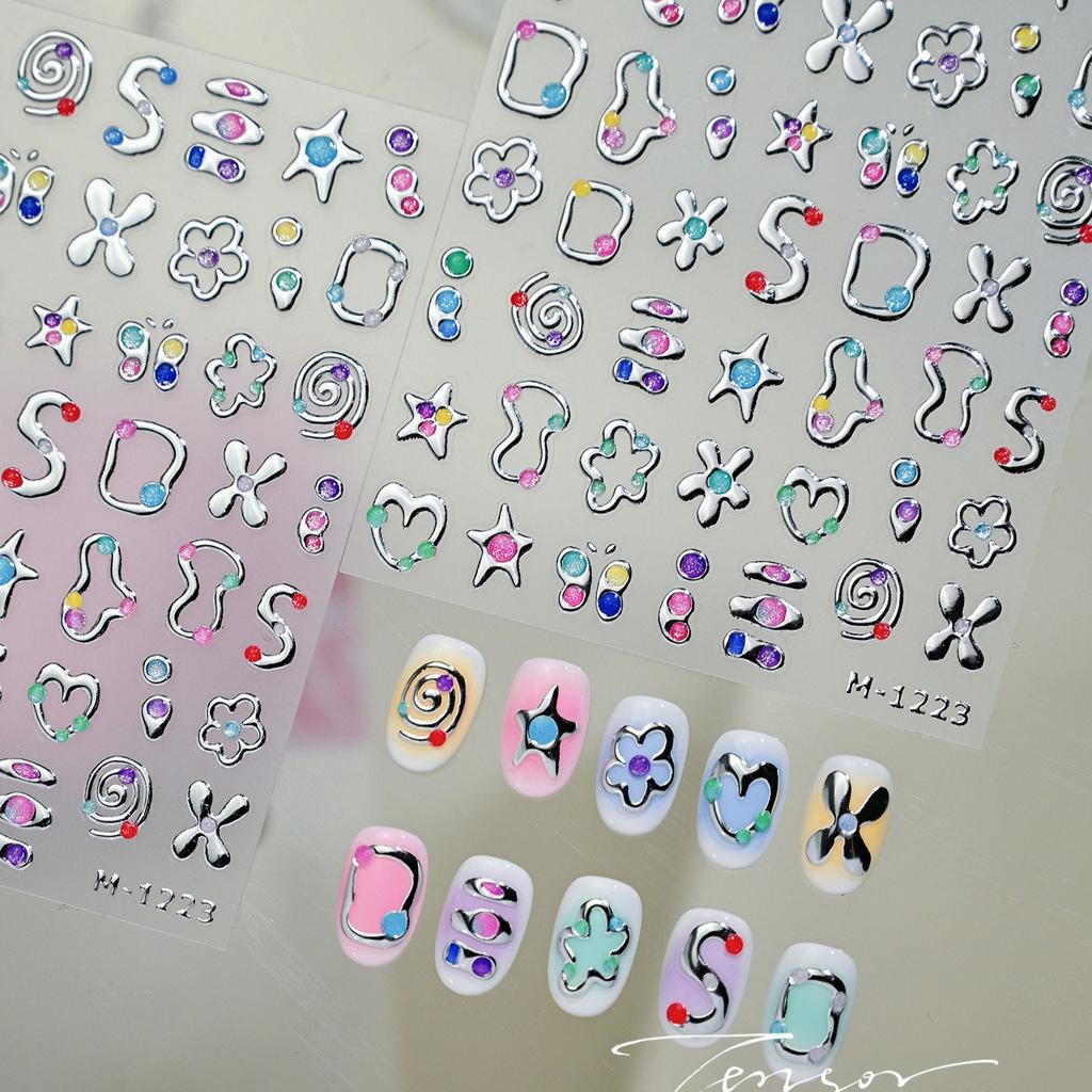 Punk Silver Metal Line Star Flower Love Colorful Butterfly Nail Art Stickers Horror Halloween Decorations Manicure Decals
