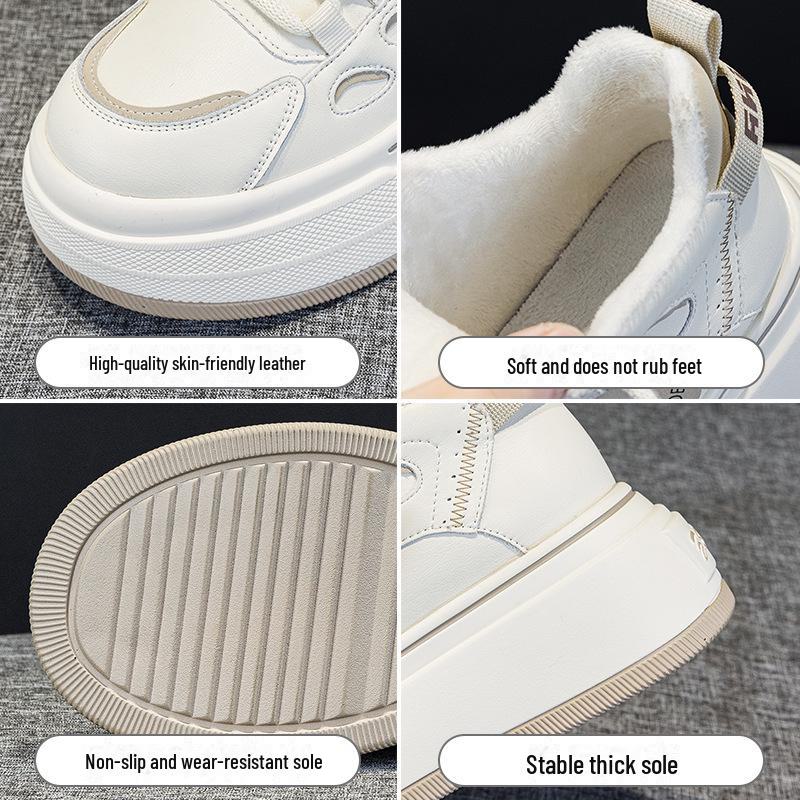 Women's Genuine Leather Velvet Platform Sneakers - Warm, Thick-Soled, Casual High-Tops for Spring 2025.