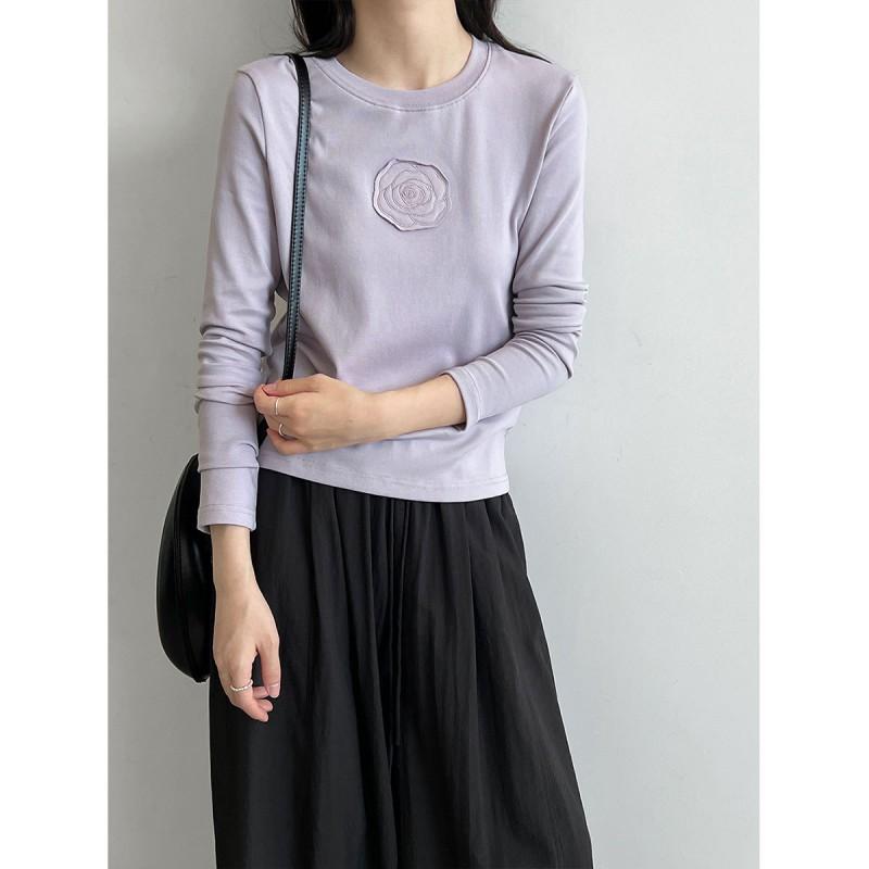 Womens Classic Round Neck Regular Fit Long Sleeve Tee With Floral Appliqu - Cotton 97% Spandex 3% Casual Korean Style