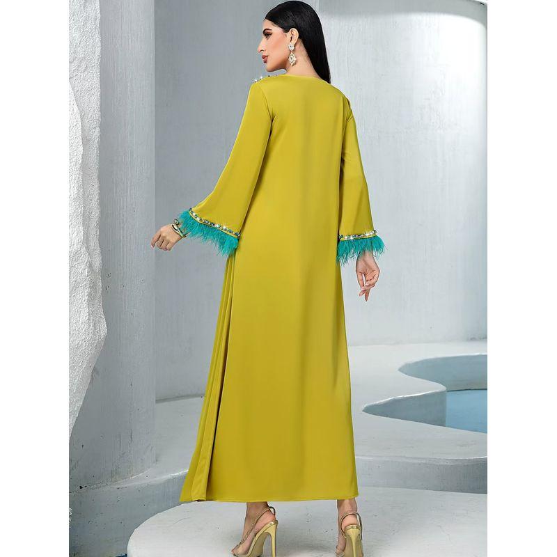 New Middle East Patchwork Feather Sleeve Diamond Robe Dress V-Neck Diamond Studded Dress