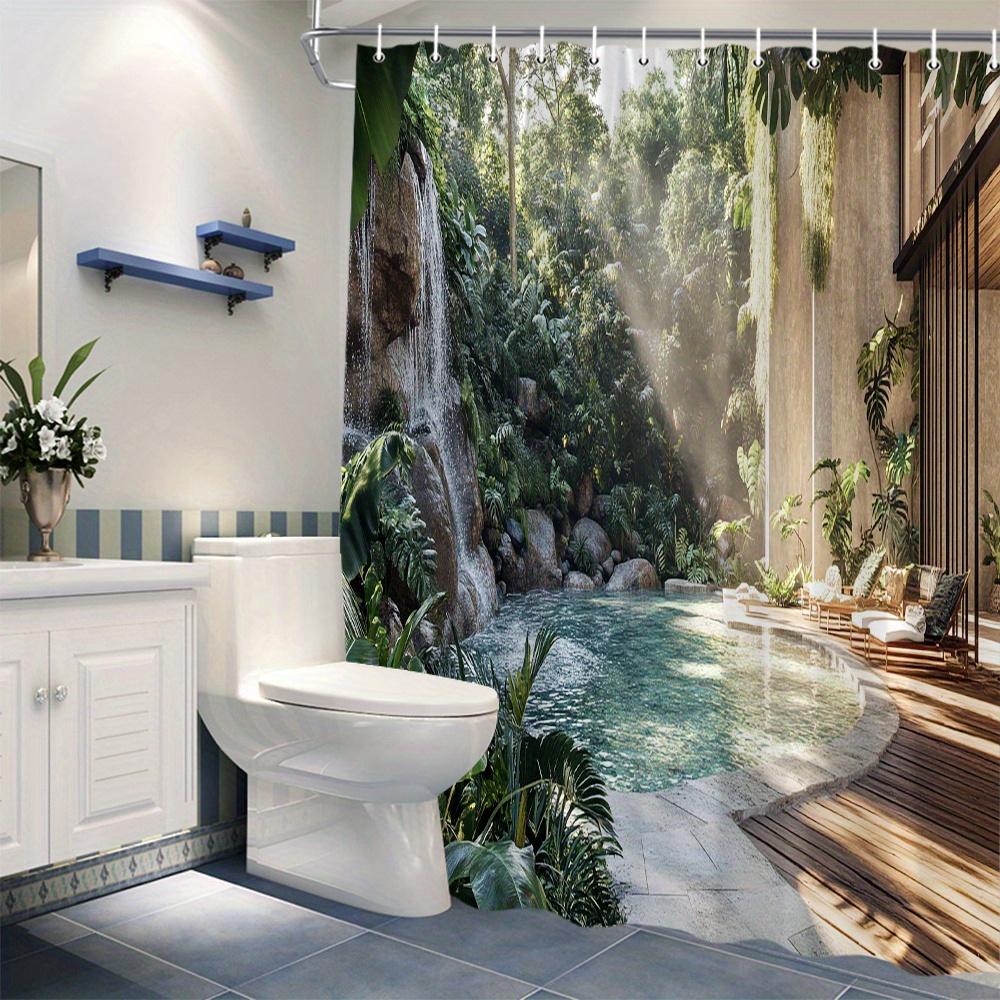 Tropical Pool Shower Curtain - Turquoise Waterfall Design, Lush Greenery, Wooden Deck, Luxe Bathroom Decor,  Polyester, Washable