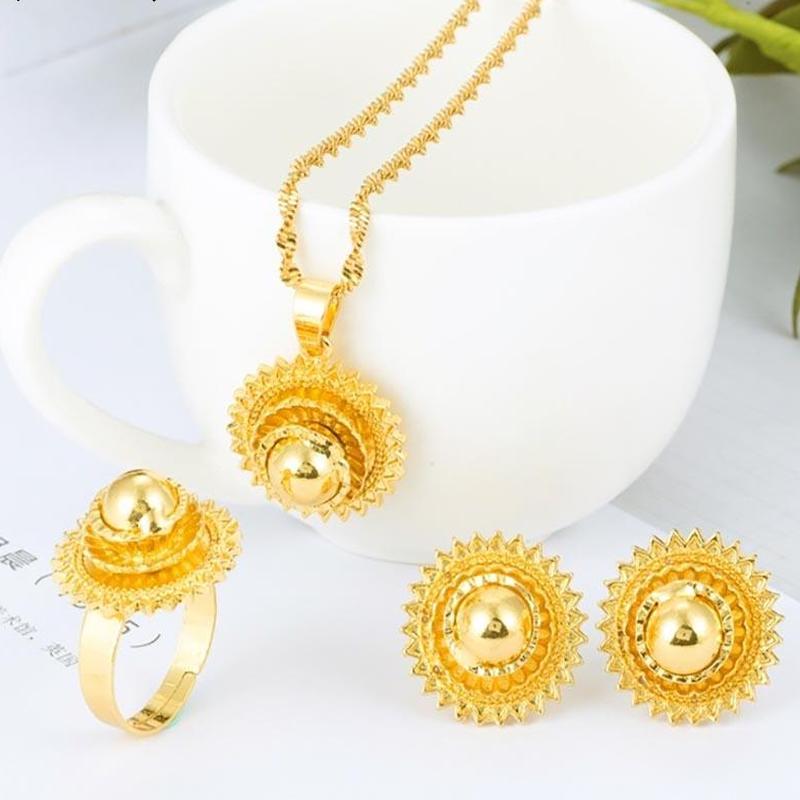 

Ethiopian Necklace Earrings Ring Set African Bridal Jewellery Sets Habesha Eritrea Wedding Small Jewelry Set Dubai Jewelry