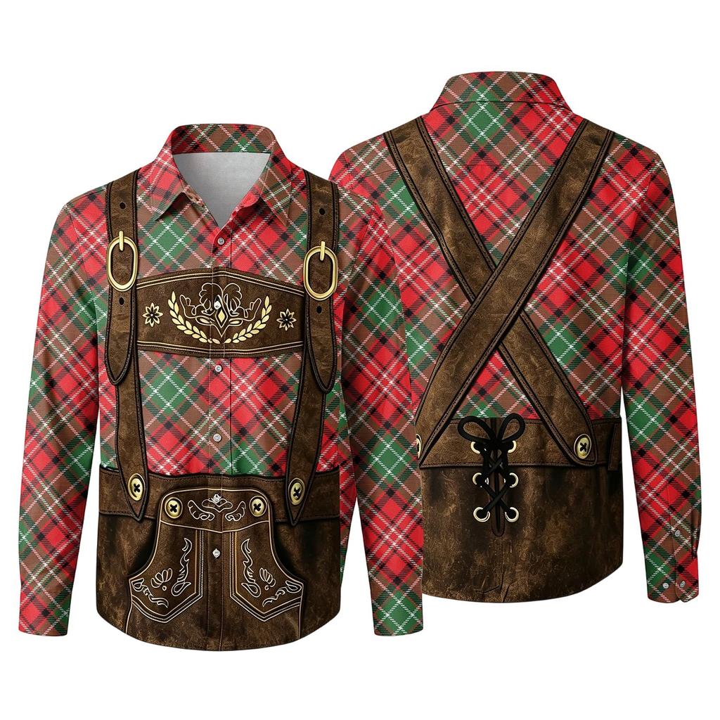 Men’s 3D Printed Plaid Long Sleeve Shirt with Vintage Pattern Relaxed Fit Button Down Collar for Festivals Parties and Outdoor Activities