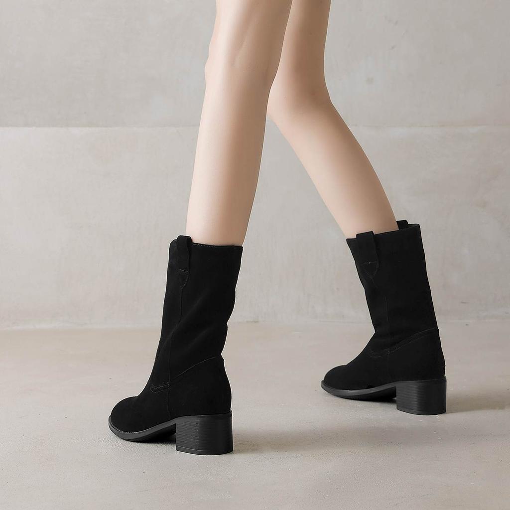 Krazing Pot Cow Suede Nubuck Winter Round Toe Modern Boots Med Heels Slip on Knitwear Women Mid-calf Boots