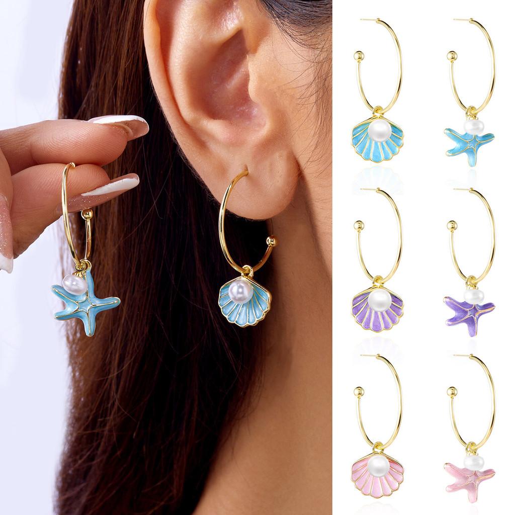 Fresh Style Shell Pearl Earrings For Women With Asymmetric Design And Electroplated Alloy