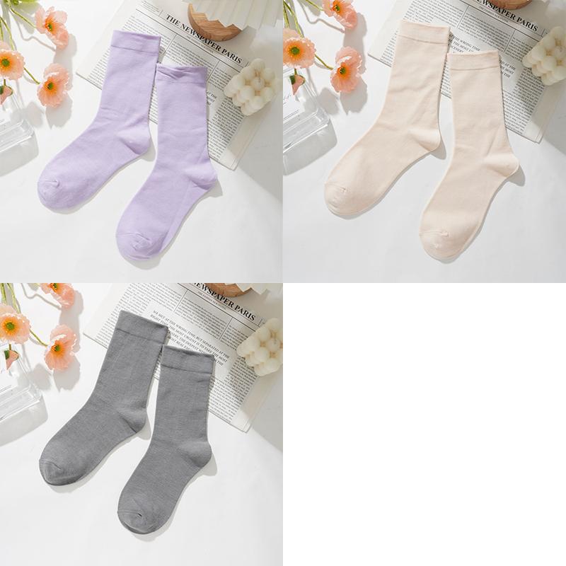 3 Pairs Women Cotton Solid Color Casual Socks Breatable Sports Sox Fashion Middle Tube Socks