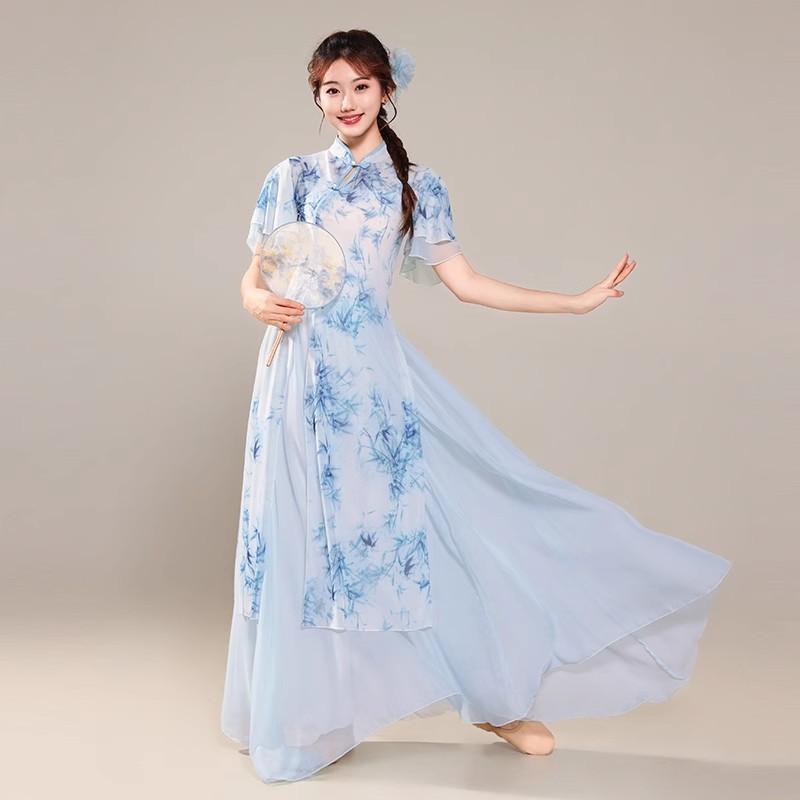Women's Chinese Traditional Dance Dress, Bamboo Print Cheongsam Style Flowy Practice Costume For Tea Art & Folk Dance