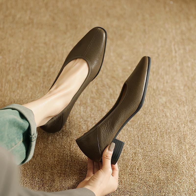 Fashion 2025 New Genuine Leather pumps Fashion Slip-On Spring Women's Shoes med-heel Square Toe Boat Shoes Handmade Size 34-41