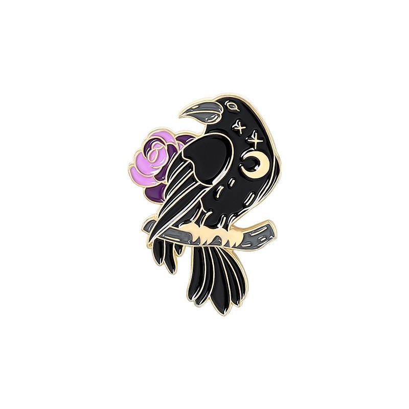 Geometric Black Bird Brooch Elegant Rose Flower Crow Enamel Pin For Fashion Lovers