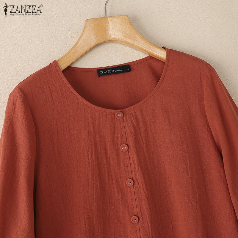 ZANZEA Women Casual Round Neck Solid Color Loose 3/4 Sleeve Blouse