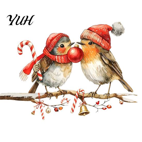Reusable Holiday Wall Art Christmas Birds On Tree Branch Sticker, Cute Watercolor Bird Decal DIY Room Decor with Ball, Candy Cane, Bell for