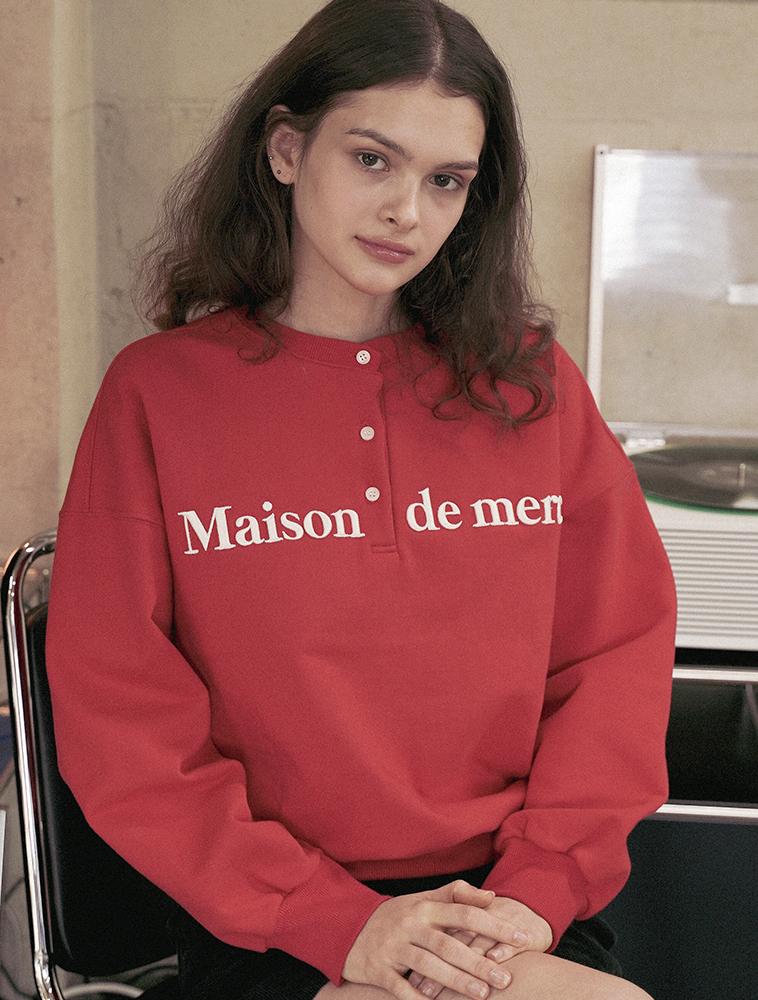 LA MAISON STUDIO Women'S Crop Classic Logo Embossed Embroidery Heavy Terry Henley Neck Red (Fcd3Ts708W)