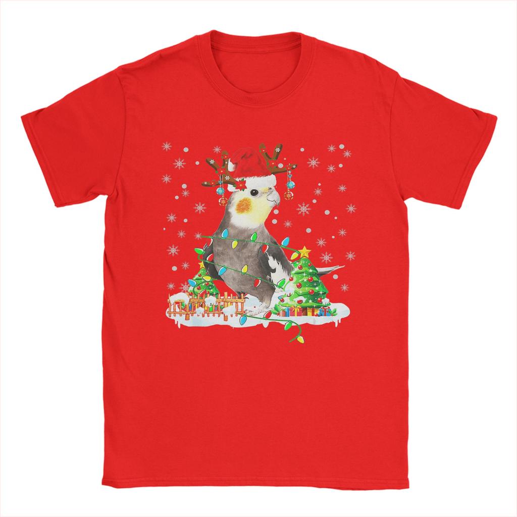 Men T Shirt Christmas Cockatiel Lover Santa Cockatiel Christmas Lights T-Shirts Novelty  Summer Tees Streetwear 100% Cotton Tops