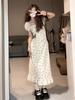 French Square Neck Bubble Sleeve Dress Women's Summer New Gentle Temperament Coffee Break Dress Waist and Thin Long Dress