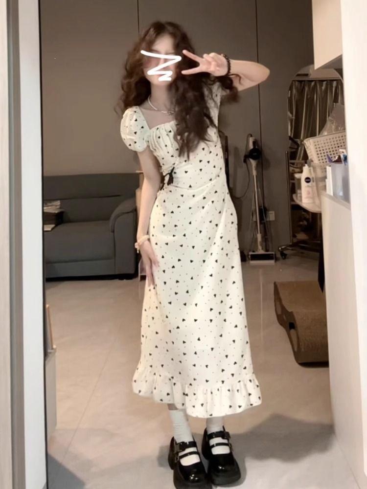 French Square Neck Bubble Sleeve Dress Women's Summer New Gentle Temperament Coffee Break Dress Waist and Thin Long Dress