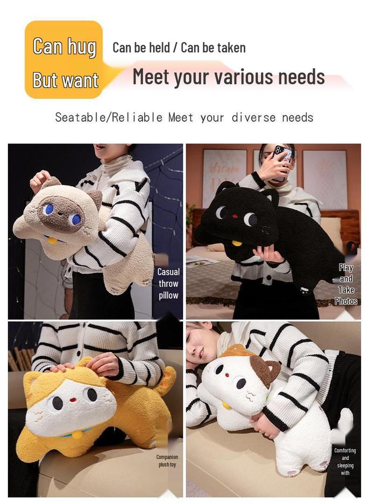 Japanese Three-Color Cat Plush Hugging Pillow for Girls' Bed - Cute Curved Sleep Doll