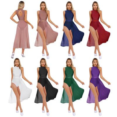 Women Modern Lyrical Dance Dress Ballet Gymnastics Leotard Sleeveless Rhinestone Mesh Dresses Stage Performance Dancewear